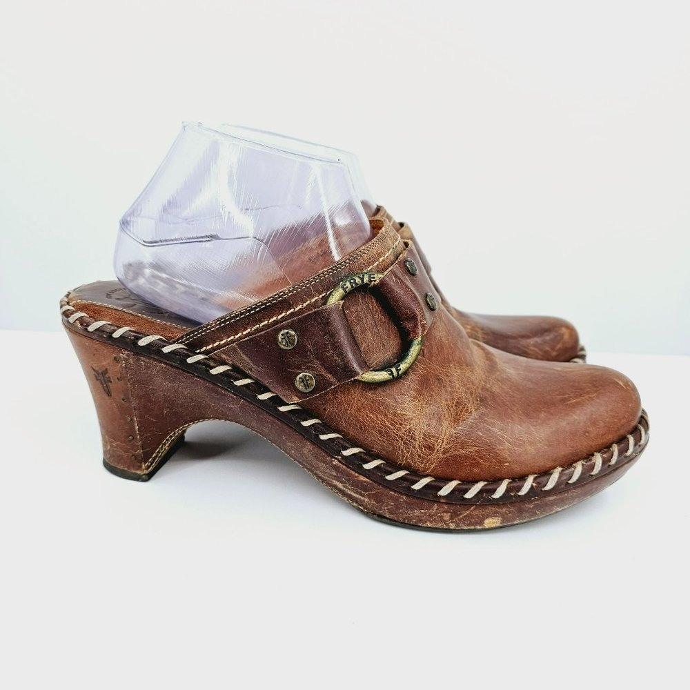 Frye Charlotte Ring Mules Clogs 9.5 M Brown Leather Distressed Stitched Rivets - Picture 6 of 16